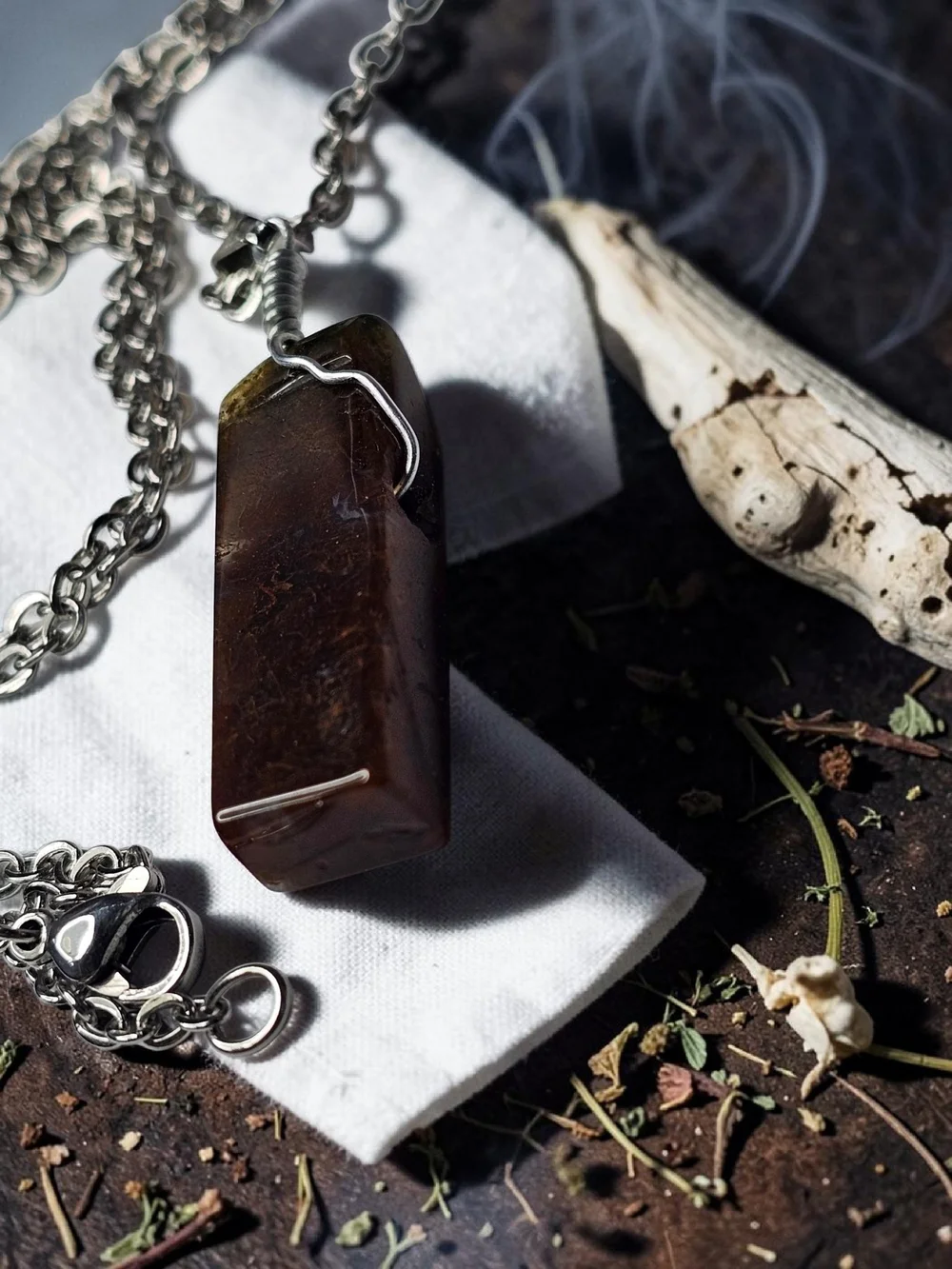 Men's/Women's Brown Stone Pendant Necklace - Silver Chain